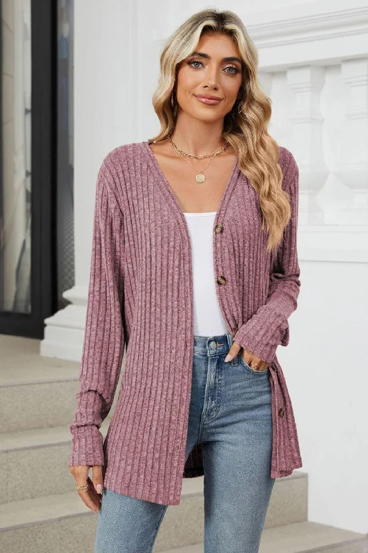 Ribbed Button Up Long Sleeve Cardigan Fitted Loose Oversized Fitted Loose Oversized
