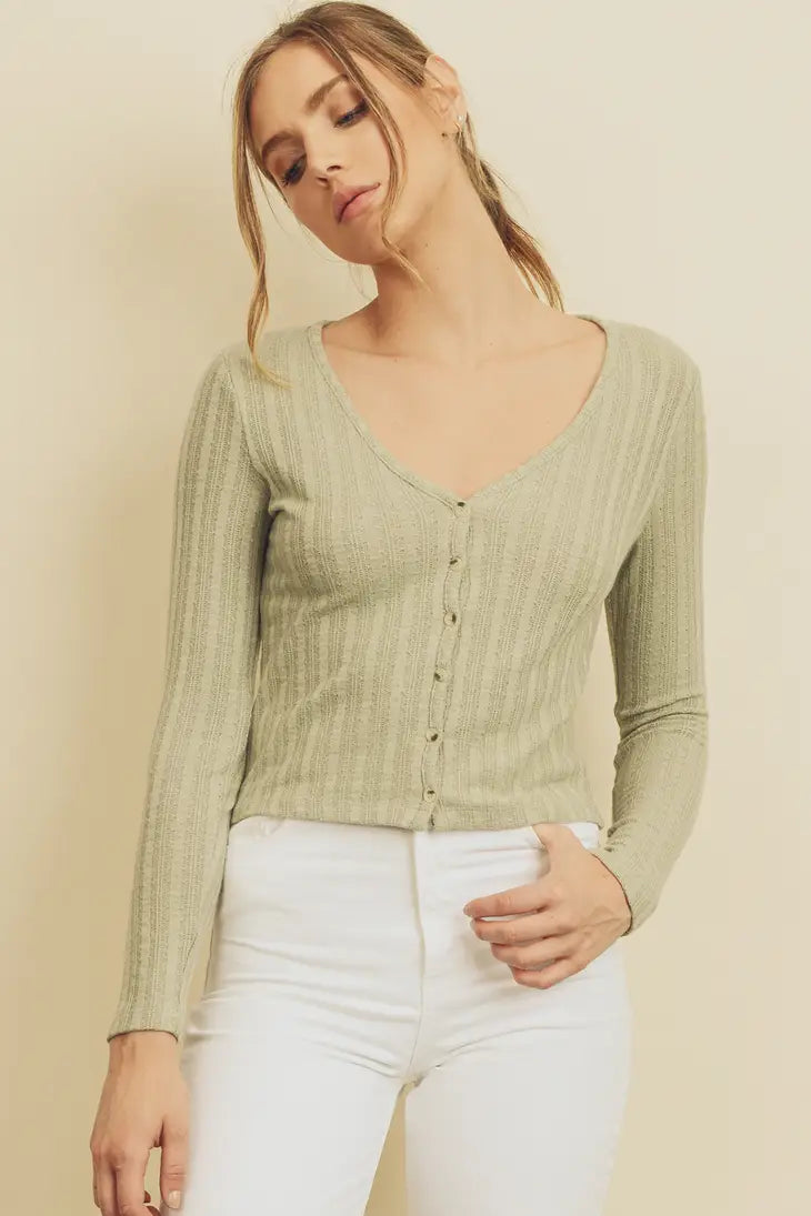 Button-Down Knit Cardigan Top - Sage Nylon Fabric Polyester Fabric Spandex Fabric Nylon Fabric Polyester Fabric Spandex Fabric