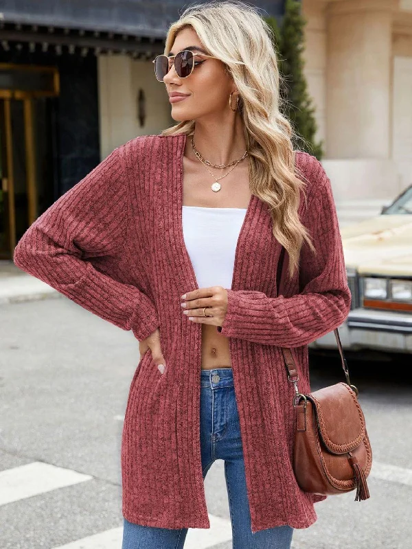 Open Front Long Sleeve Cardigan Solid Print Embellished Solid Print Embellished