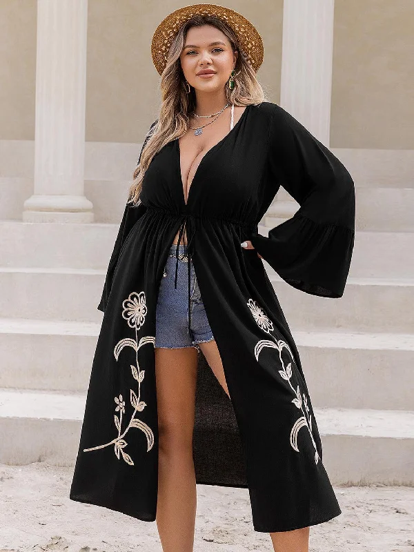 Plus Size Floral Drawstring Flared Sleeve Cardigan Stretchy Elastic Breathable Stretchy Elastic Breathable Plus Size Floral Drawstring Flared Sleeve Cardigan Stretchy Elastic Breathable Stretchy Elastic Breathable