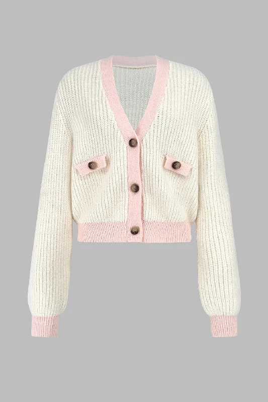 Contrast Trim Button Up Dropped Shoulder Cardigan Elegant Classic Vintage Elegant Classic Vintage