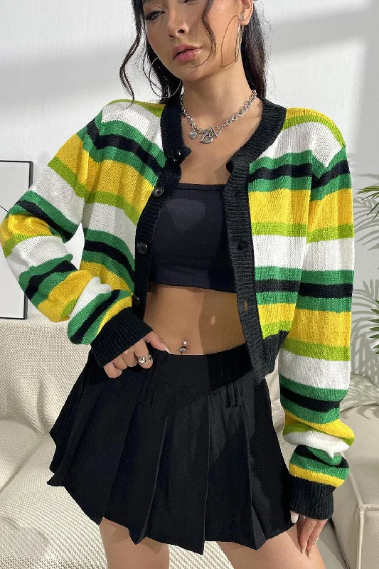 Striped Button Up Contrast Cropped Cardigan Casual Formal Business Casual Formal Business Striped Button Up Contrast Cropped Cardigan Casual Formal Business Casual Formal Business