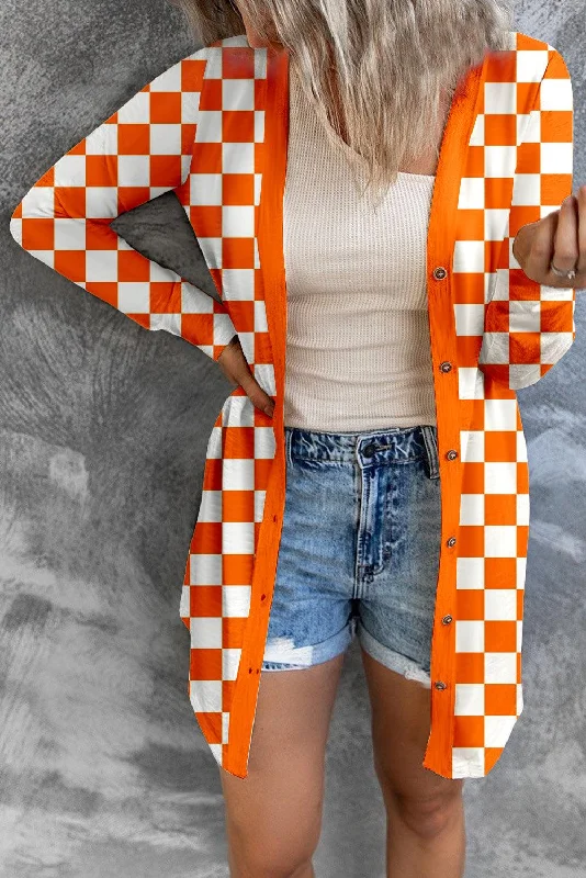 Checkered Button Up Long Cardigan Fitted Slim Tailored Fitted Slim Tailored