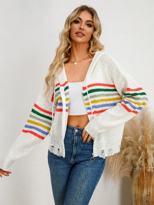 Drawstring Striped Dropped Shoulder Hooded Cardigan Soft Cozy Warm Soft Cozy Warm