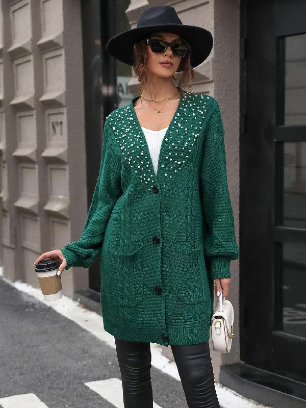 Perfee Pearl Detail Cable-Knit Button Up Cardigan Embroidered Appliqued Beaded Embroidered Appliqued Beaded Perfee Pearl Detail Cable-Knit Button Up Cardigan Embroidered Appliqued Beaded Embroidered Appliqued Beaded