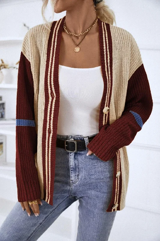 Contrast Button Up Dropped Shoulder Cardigan Bright Pastel Dark Bright Pastel Dark