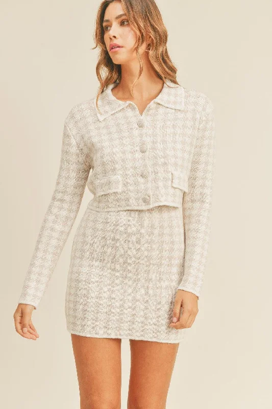 MABLE Houndstooth Cropped Knit Cardigan and Mini Skirt Set Stretchy Elastic Breathable Stretchy Elastic Breathable MABLE Houndstooth Cropped Knit Cardigan and Mini Skirt Set Stretchy Elastic Breathable Stretchy Elastic Breathable