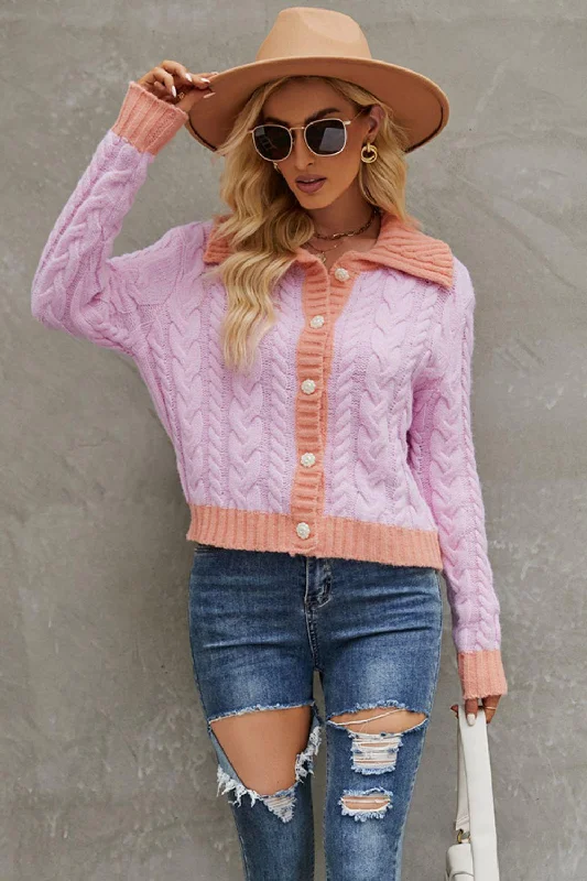 Contrast Collared Neck Cable-Knit Cardigan Welt Pockets Slit Pockets Flap Pockets Welt Pockets Slit Pockets Flap Pockets Contrast Collared Neck Cable-Knit Cardigan Welt Pockets Slit Pockets Flap Pockets Welt Pockets Slit Pockets Flap Pockets