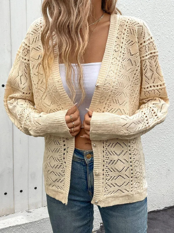 Perfee Openwork Button Up Long Sleeve Cardigan Solid Color Striped Floral Print Solid Color Striped Floral Print Perfee Openwork Button Up Long Sleeve Cardigan Solid Color Striped Floral Print Solid Color Striped Floral Print
