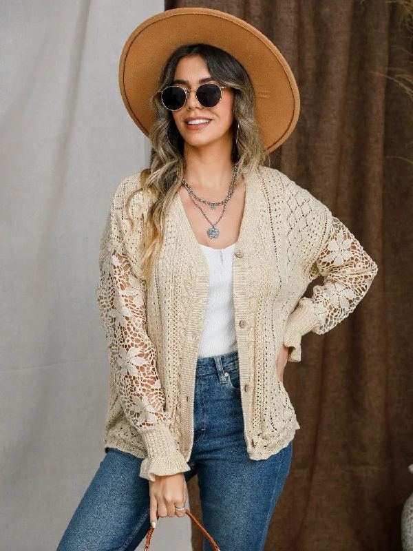Eyelet Button Up Lantern Sleeve Cardigan Transparent Opaque Sheer Transparent Opaque Sheer