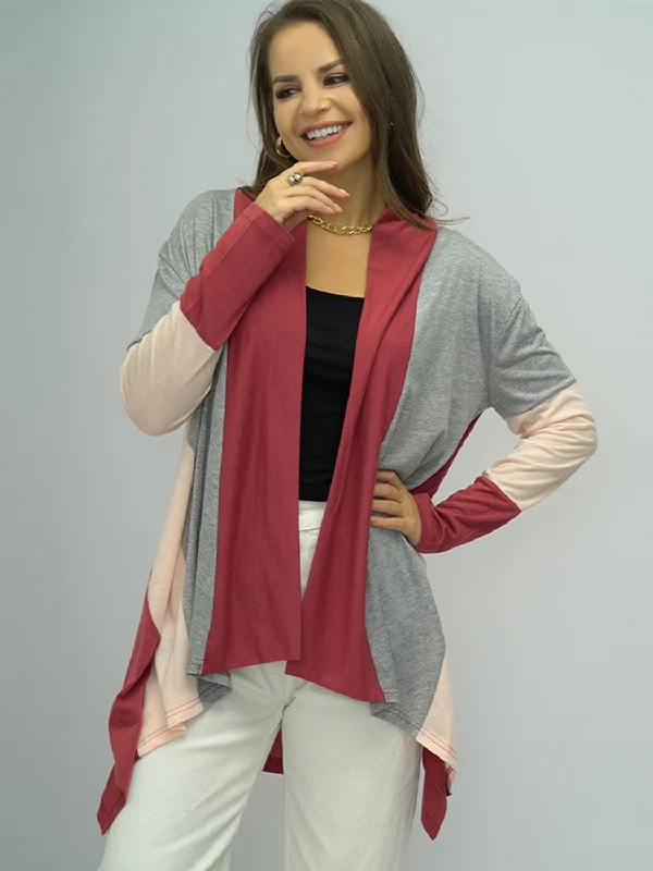 Shiny Color Block Open Front Cardigan Glossy Satin Silk Glossy Satin Silk