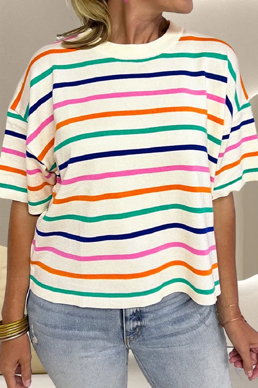 Lillian Striped Round Neck Half Sleeve Knit Top Lightweight Knit Tee
