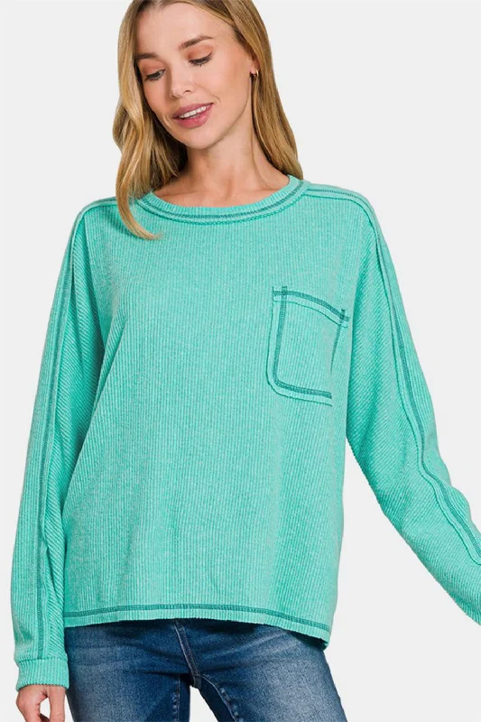 Zenana Contrast Stitching Brushed Ribbed Hacci Knit Top Plus Size One Shoulder Knit Shirt