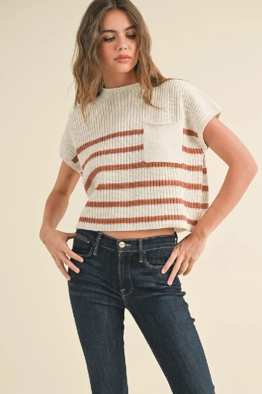 Half Mock Neck Striped Knit Top- Cream/Clay Retro Knit Shirt