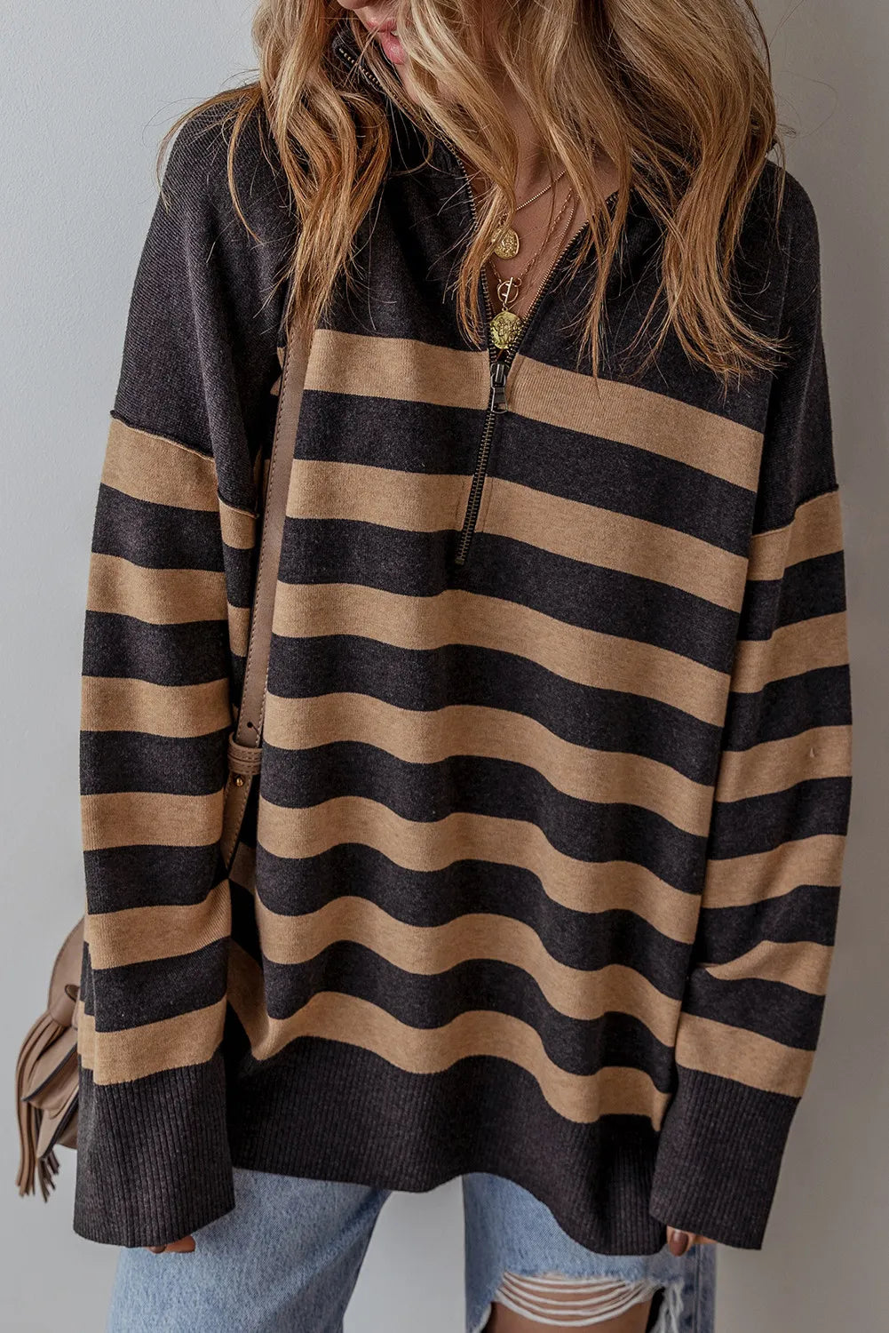 Ethan Striped Half Zip Long Sleeve Knit Top Festive Knit Tee