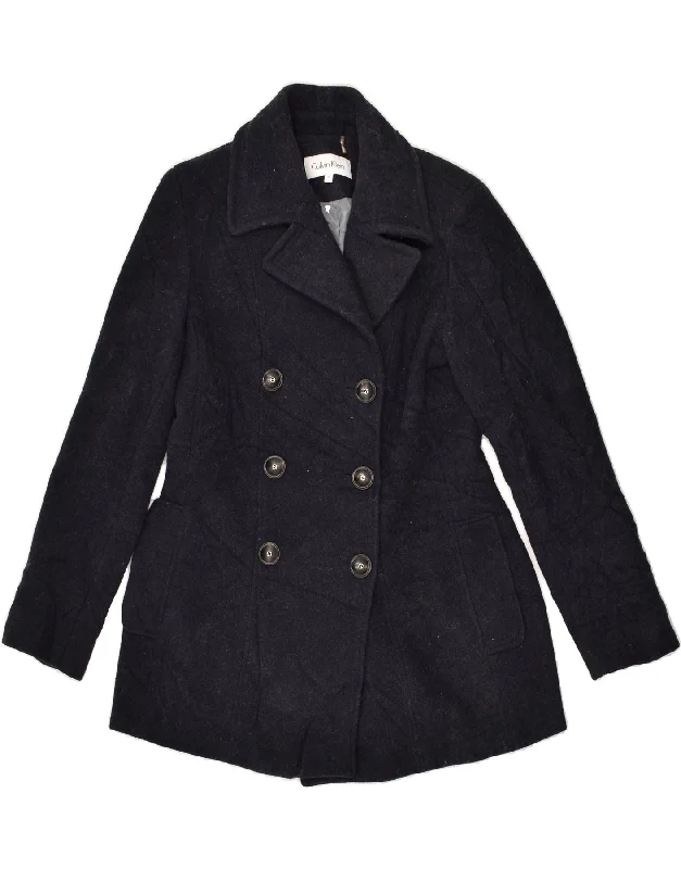CALVIN KLEIN Womens Pea Coat US 2 XS Navy Blue Wool Trim Padded Insulated