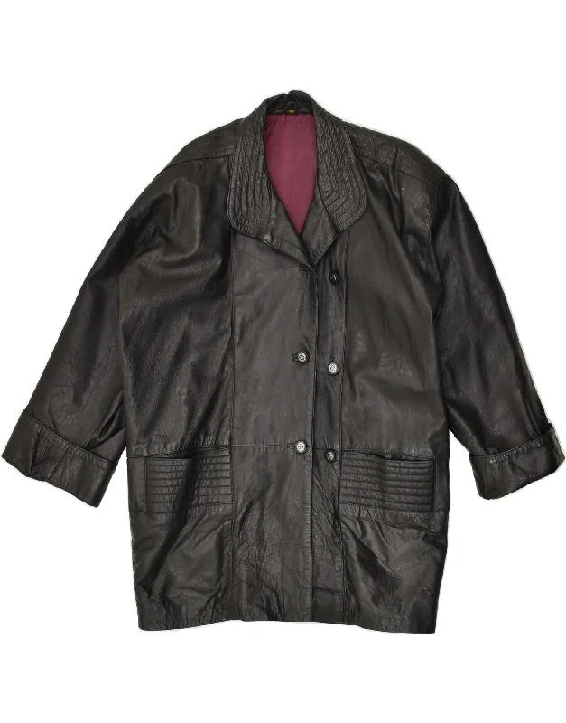 VINTAGE Womens Double Breasted Leather Coat EU 42 Large Black Leather Down Puffer Quilted