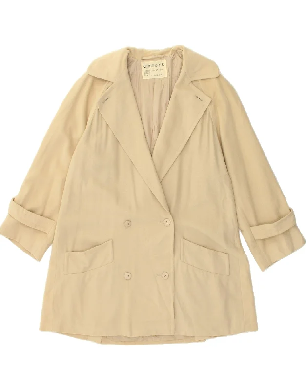 JAEGER Womens Double Breasted Coat UK 14 Medium Beige Wool Lapel Coat Peter Pan Collar Coat Cowl Neck Coat JAEGER Womens Double Breasted Coat UK 14 Medium Beige Wool Lapel Coat Peter Pan Collar Coat Cowl Neck Coat