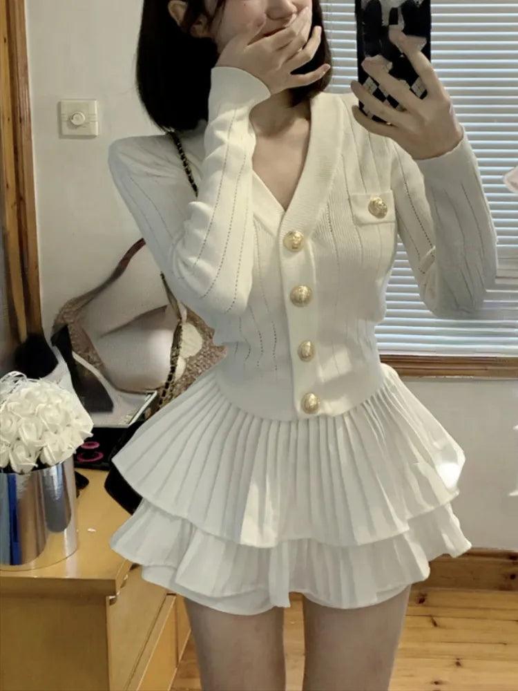 Elegant 2-Piece Skirt Set: French Knit Top & Sexy Mini Skirt for Office & Party High Neck Knit Top