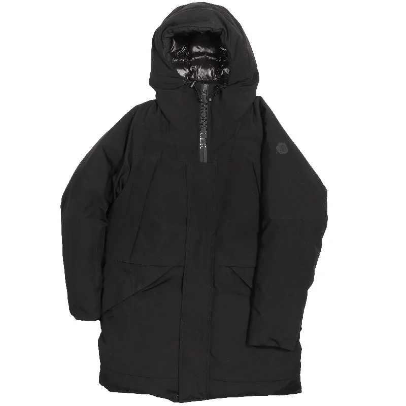 Black Long Down Puffer Coat Welt Pockets Slit Pockets Flap Pockets