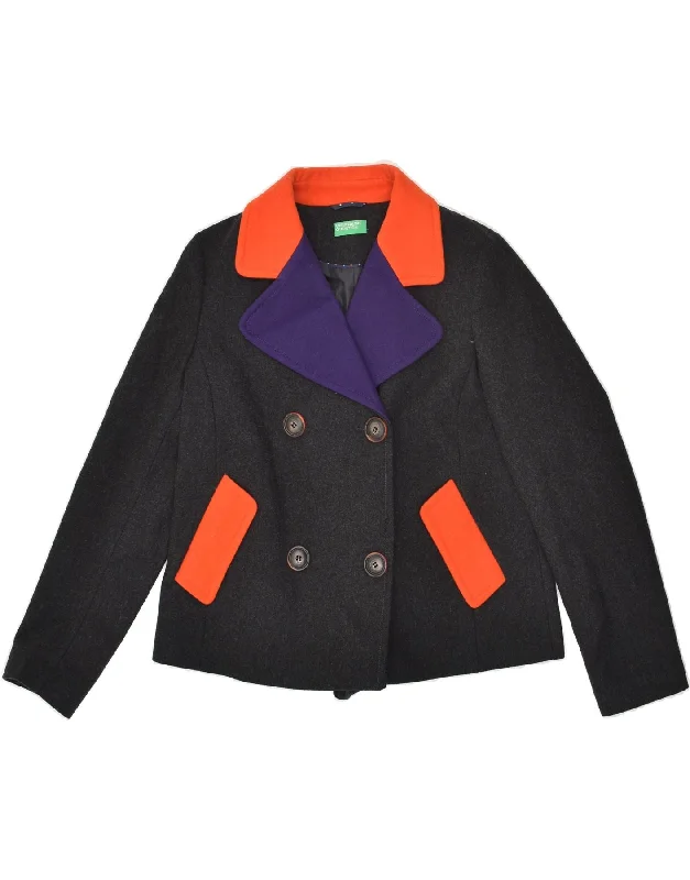 BENETTON Womens Pea Coat UK 8 Small Black Colourblock Wool Zip Front Button Front Snap Front BENETTON Womens Pea Coat UK 8 Small Black Colourblock Wool Zip Front Button Front Snap Front
