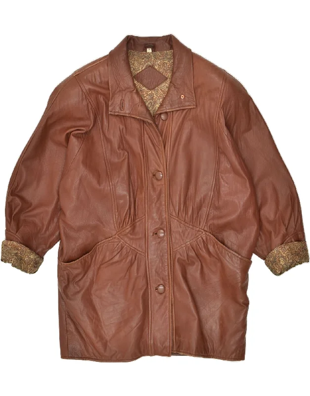 VINTAGE Womens Leather Coat EU 44 XL Brown Leather Asymmetrical Collar Hooded Zippered VINTAGE Womens Leather Coat EU 44 XL Brown Leather Asymmetrical Collar Hooded Zippered