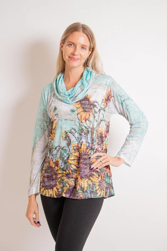 Sunflower Patch Cowl Neck Knit Top Sustainable Knit Top