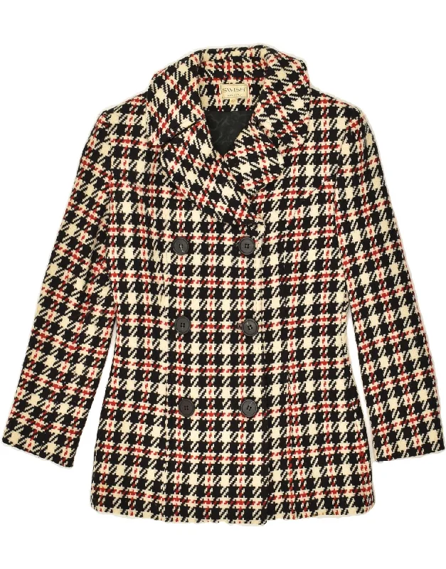 VINTAGE Womens Pea Coat IT 42 Medium Beige Houndstooth Wool Satin Silk Chiffon