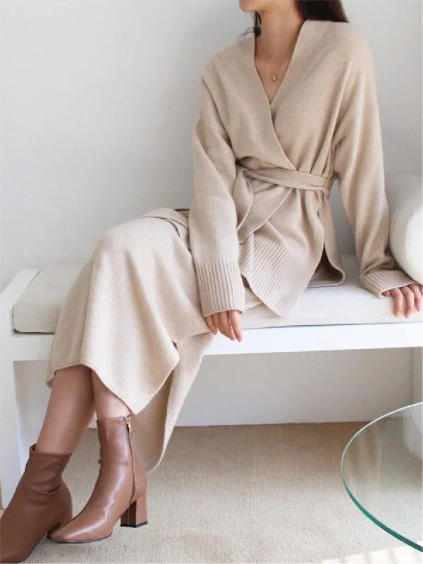Elegant V-Neck Long Sleeve Coat Skirt Knit Set Buttoned Toggled Snapped