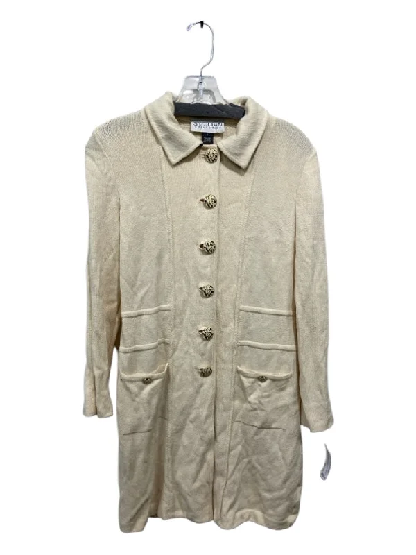 St John Size 2 Cream White Wool Blend Gold Buttons Piping Mid Length Coat Faux Fur Real Fur Shearling
