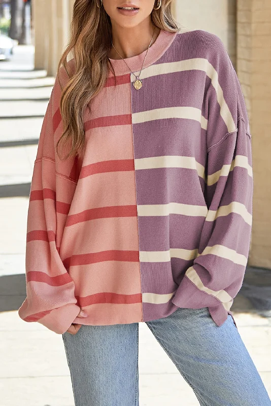Jill Striped Round Neck Long Sleeve Knit Top Holiday Knit Blouse