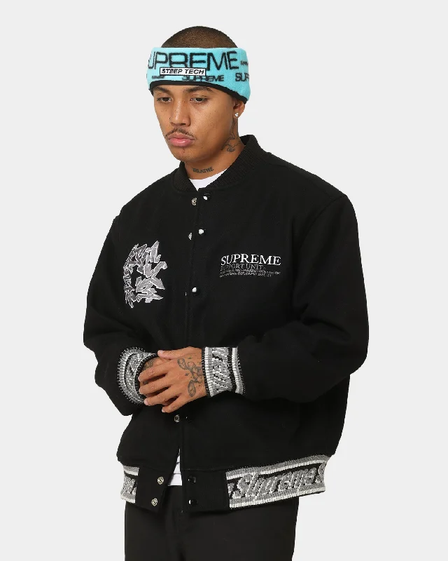 Supreme Support Unit Varsity Jacket Black Fleece Fabric Down Fabric Feather Fabric Fleece Fabric Down Fabric Feather Fabric