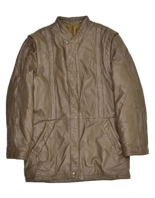 VINTAGE Womens Leather Coat UK 14 Medium Brown Zip Front Button Front Snap Front