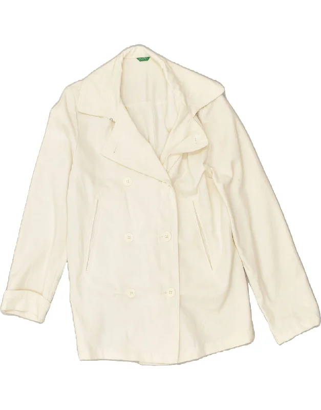 BENETTON Womens Pea Coat UK 14 Medium Off White Cotton Tailored Straight A-Line