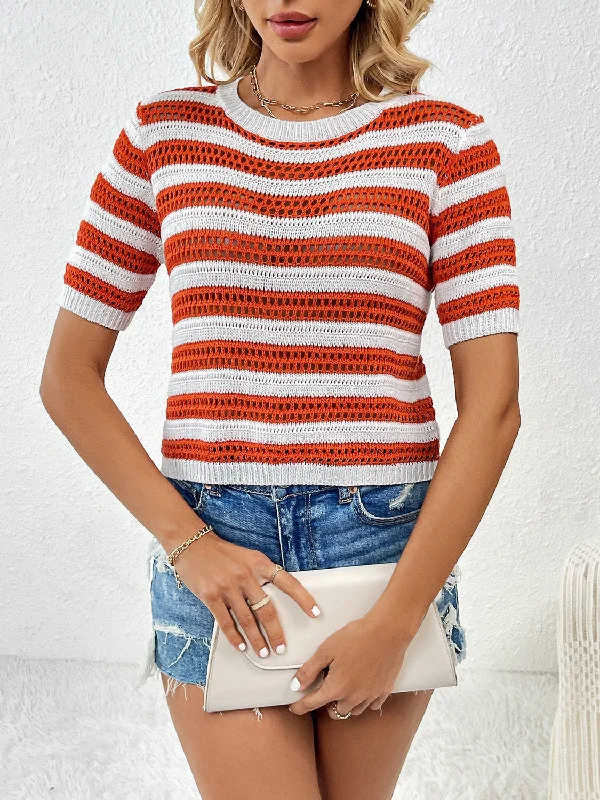 Hayden Openwork Striped Round Neck Short Sleeve Knit Top High Neck Knit Top