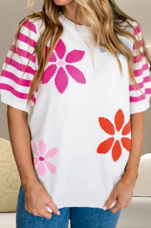 Ora Flower Pattern Round Neck Half Sleeve Knit Top Evening Knit Shirt