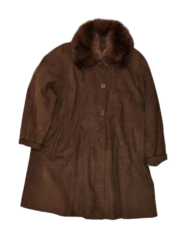 VINTAGE Womens Leather Coat EU 40 Medium Brown Cotton Linen Terry