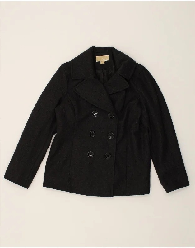 MICHAEL KORS Womens Pea Coat UK 14 Large Grey Wool Elasticated Drawstring Belted