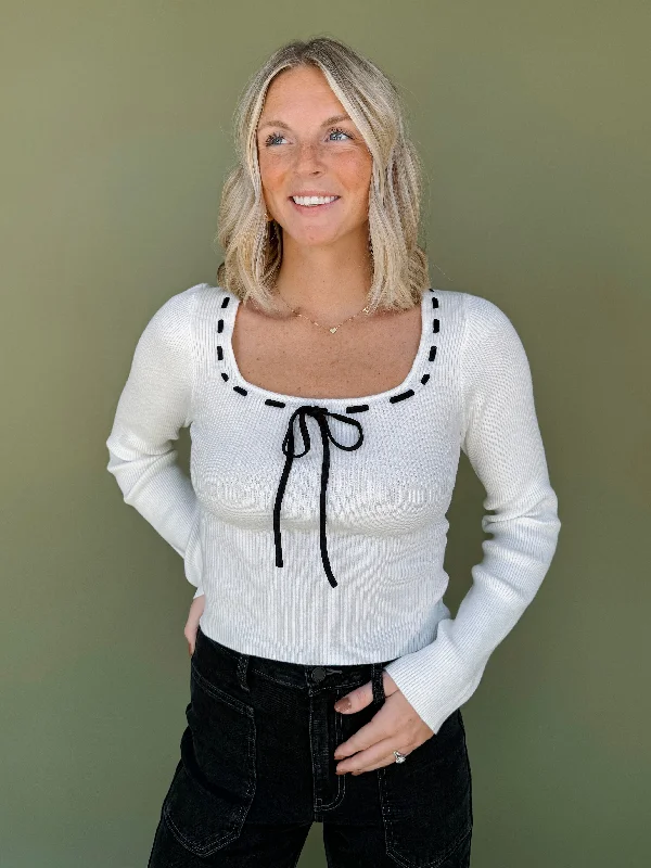 Ashville Stitch Bow Knit Top Silver Knit Shirt