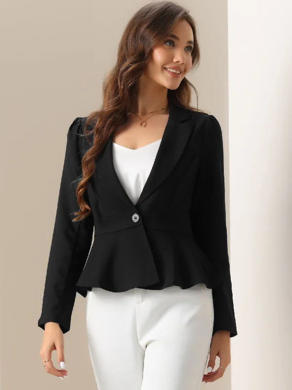 Notched Lapel One Button Ruffle Peplum Blazer Women's Trench Blazer
