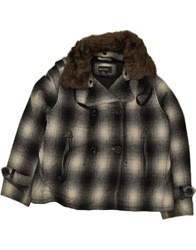 EDDIE BAUER Womens Double Breasted Coat UK 16 Large Black Check Wool Toggle Coat Shawl Collar Coat Notch Collar Coat EDDIE BAUER Womens Double Breasted Coat UK 16 Large Black Check Wool Toggle Coat Shawl Collar Coat Notch Collar Coat