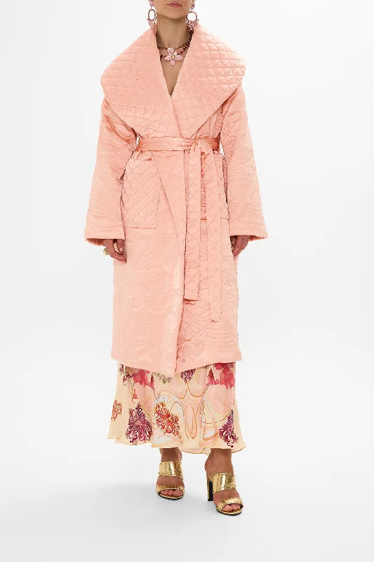 QUILTED LONG WRAP COAT BLOSSOMS AND BRUSHSTROKES Cuffed Rolled Raglan