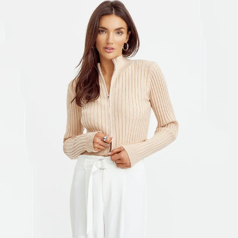 Greylin Val Zip Front Knit Top - Wheat Warm Knit Tee