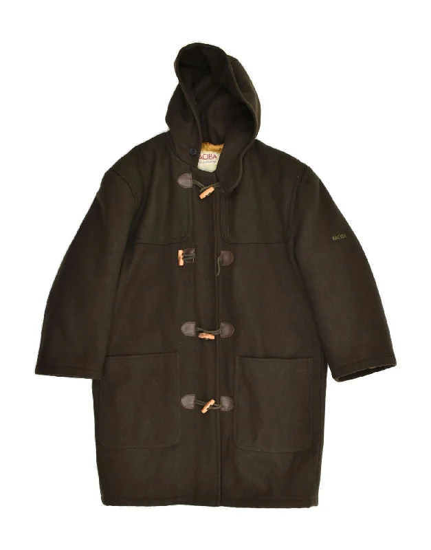 FACIBA Womens Hooded Duffle Coat IT 44 Medium Khaki Wool Buttoned Toggled Snapped