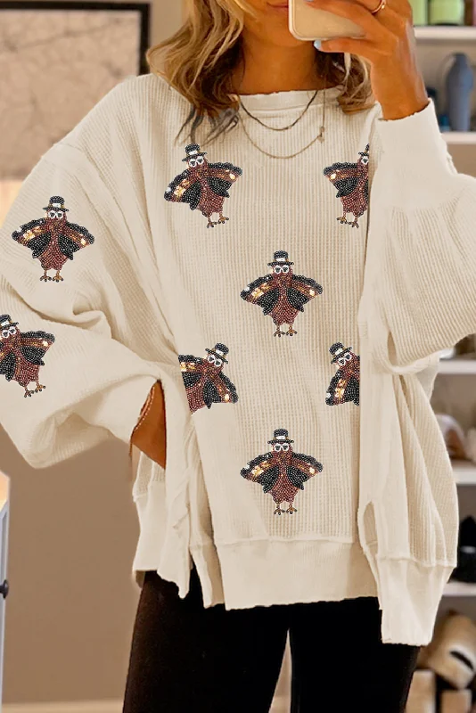 White Thanksgiving Turkey Waffle Oversized Knit Top Scoop Neck Knit Tee