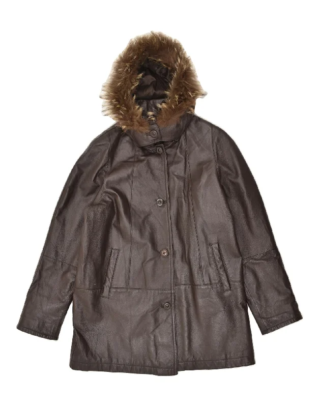 OVIESSE Womens Loose Fit Hooded Leather Coat IT 44 Medium Brown Leather Bomber Denim Leather