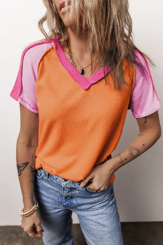 V-Neck Contrast Waffle Knit Top - Orange and Pink Eco-Friendly Knit Top