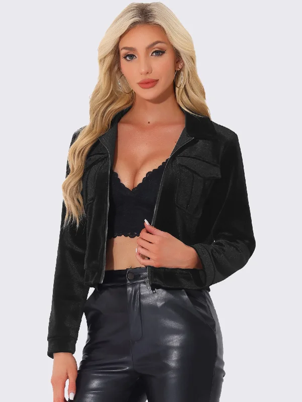 Collar Velvet Long Sleeve Zip Up Cropped Casual Jackets Welt Pockets Slit Pockets Flap Pockets Welt Pockets Slit Pockets Flap Pockets Collar Velvet Long Sleeve Zip Up Cropped Casual Jackets Welt Pockets Slit Pockets Flap Pockets Welt Pockets Slit Pockets Flap Pockets