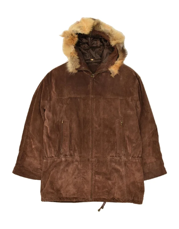 VINTAGE Womens Oversized Hooded Leather Coat EU 40 Medium Brown Leather Vent Hem Cuff VINTAGE Womens Oversized Hooded Leather Coat EU 40 Medium Brown Leather Vent Hem Cuff