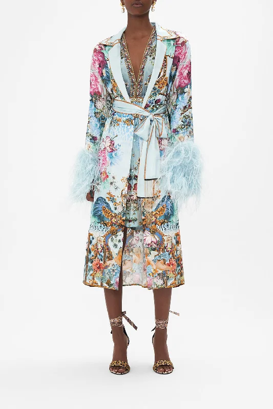 SPLIT CUFF SOFT COAT WITH FEATHERS LETTERS TO LEO Solid Print Jacquard